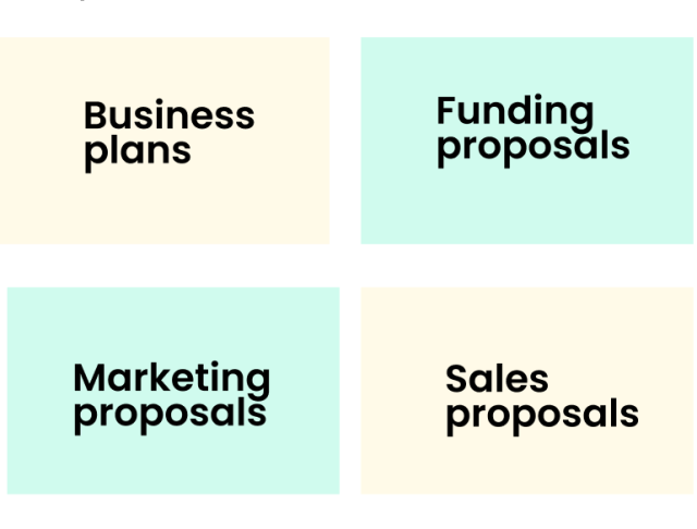 Business plans, funding proposals, marketing proposals, sales proposals