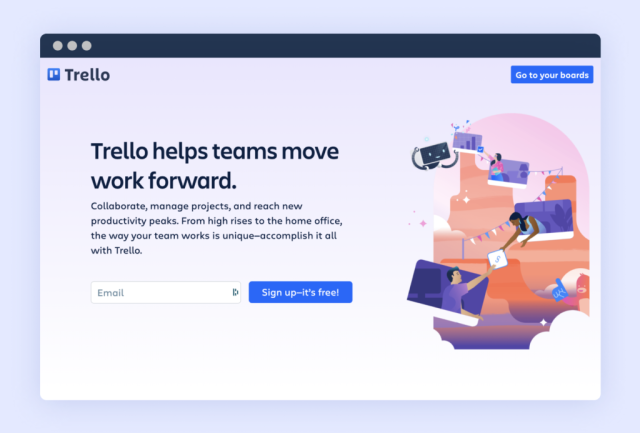 Trello’s 2021 home page, with a refreshed look and team-centric messaging