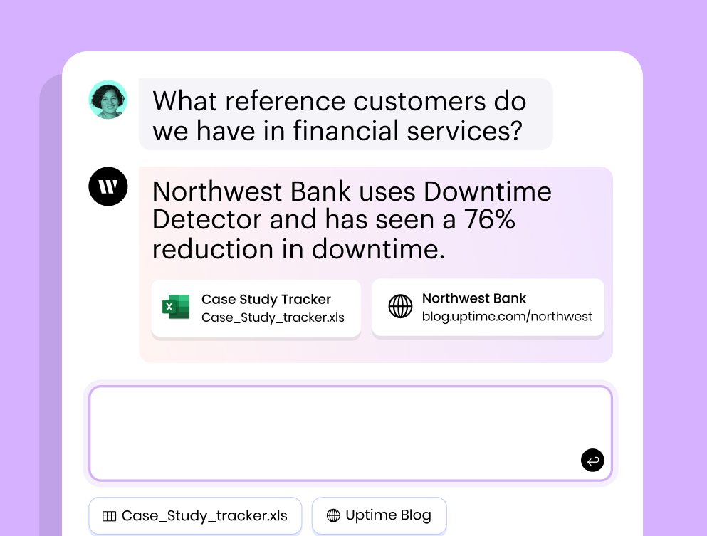 The image shows a chat window between a human and a Ask Writer. The human asks for reference customers in financial services. Ask Writer responds with a case study about Northwest Bank, which has seen a 76% reduction in downtime since using Downtime Detector. Ask Writer provides two links: one to a case study tracker and one to a blog post about Northwest Bank.
