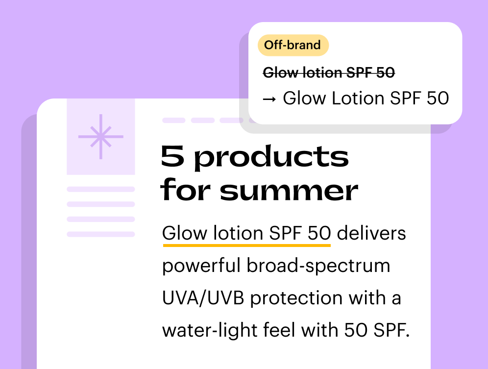 The image is about 5 products for summer. The first product is a glow lotion with SPF 50. It delivers powerful broad-spectrum UVA/UVB protection with a water-light feel with 50 SPF. The glow lotion with SPF 50 text has been flagged as off-brand.