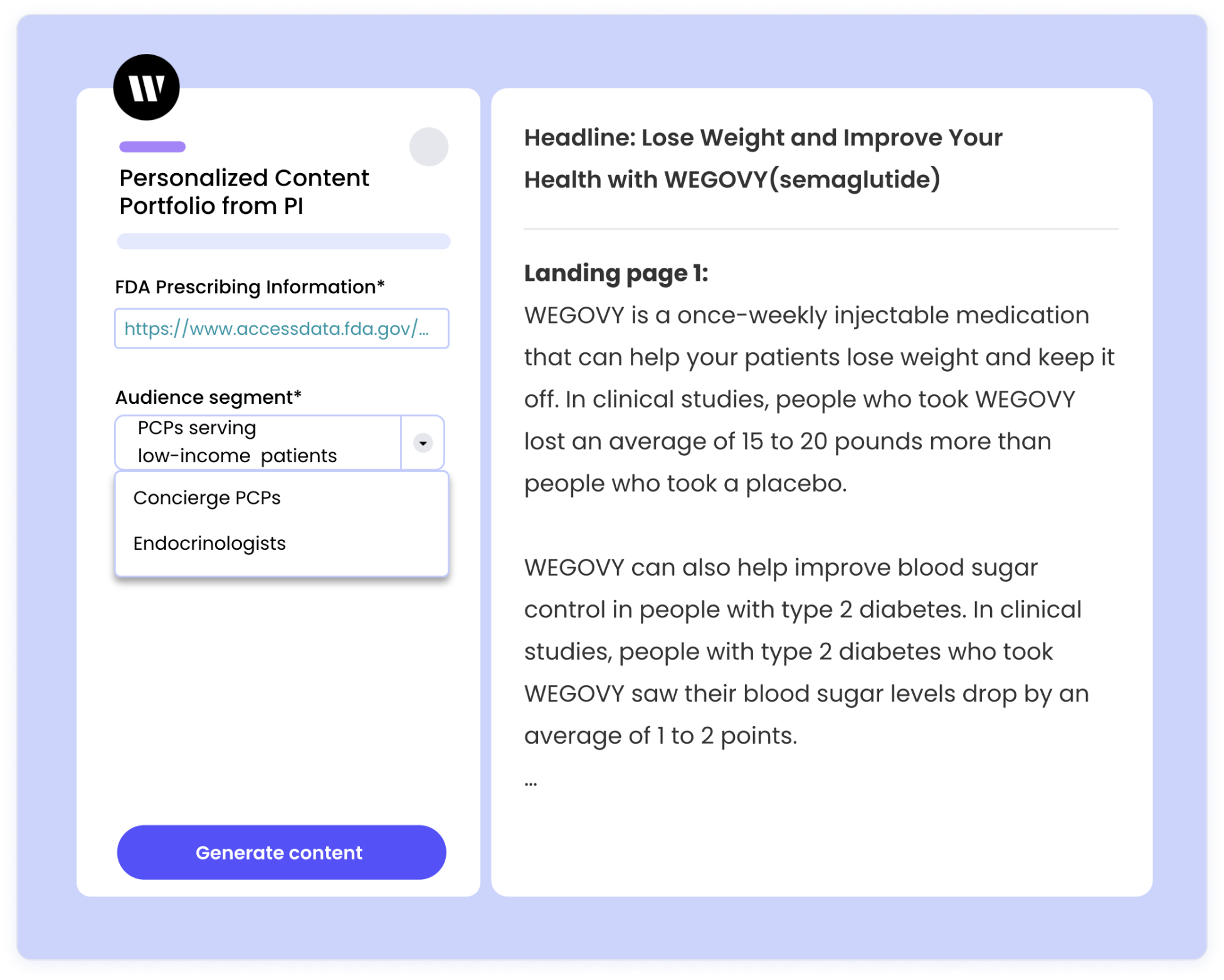 A custom-built app in Writer, showing a series of user inputs and the output for a landing page for a weight loss medication