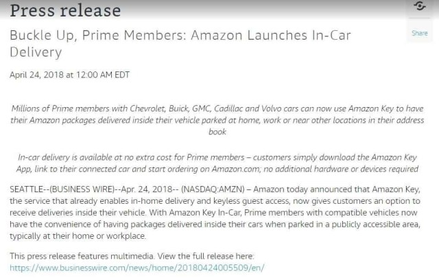 Amazon press release In-Car delivery