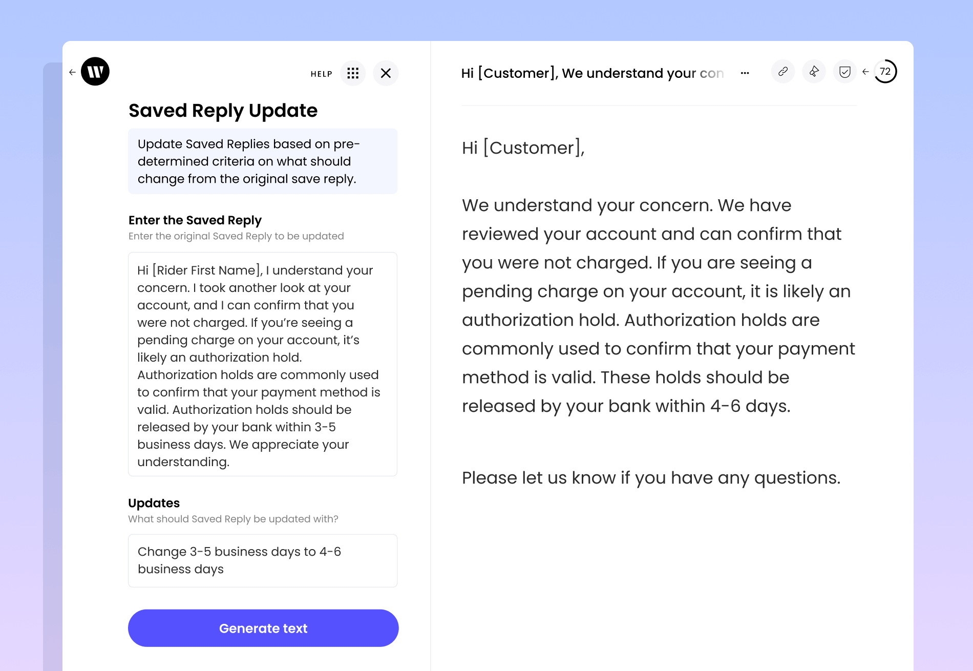 Saved reply update custom AI app in Writer