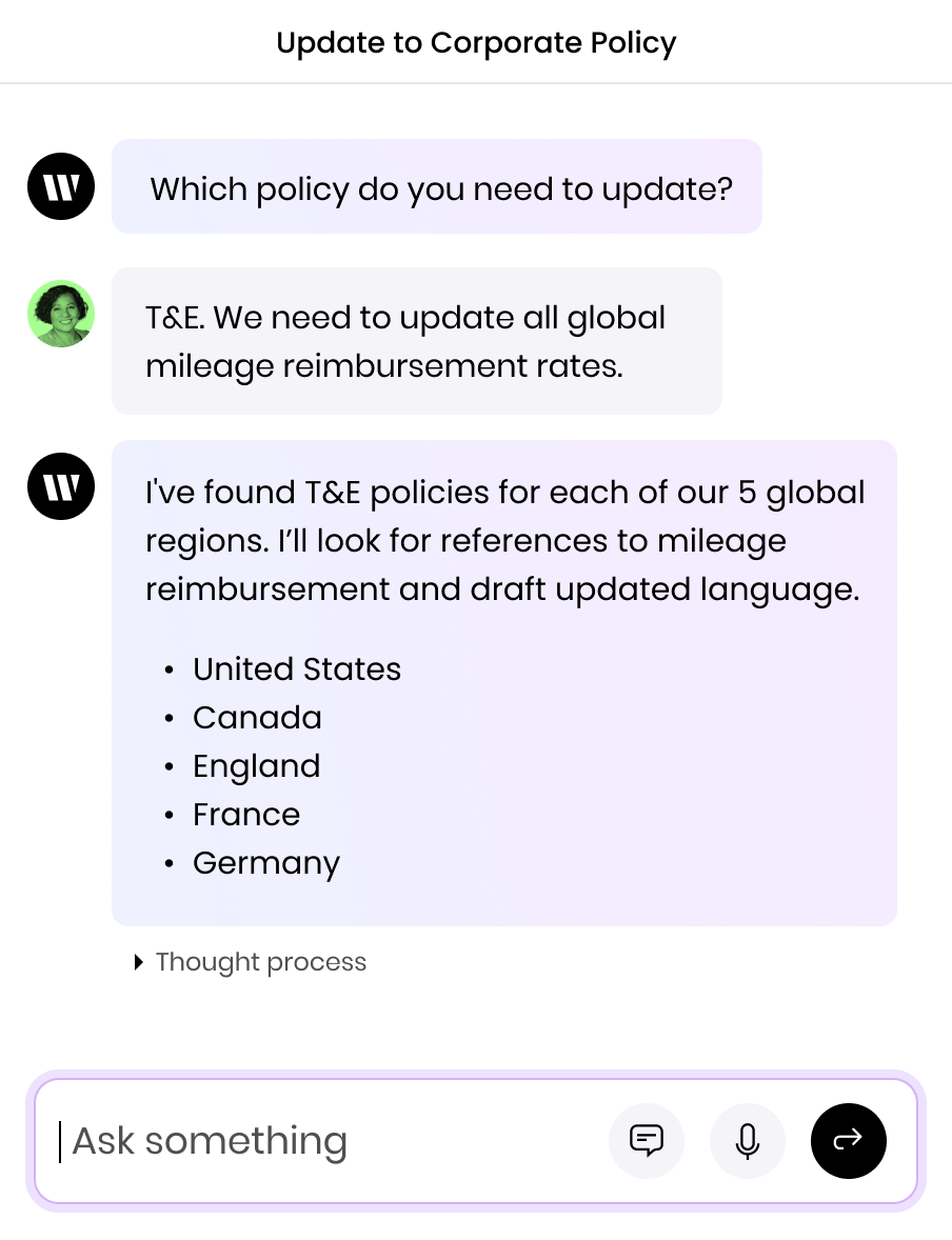 Writer chat app conversation where the user is looking to update their T&E policy, and Writer is locating policies from 5 global regions.