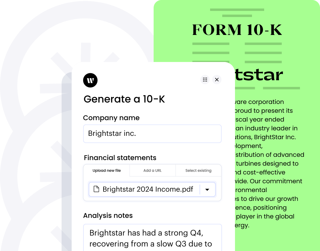 Form 10-K output generated by a Writer app, with input fields such as company name, financial statement document upload, and analysis notes.