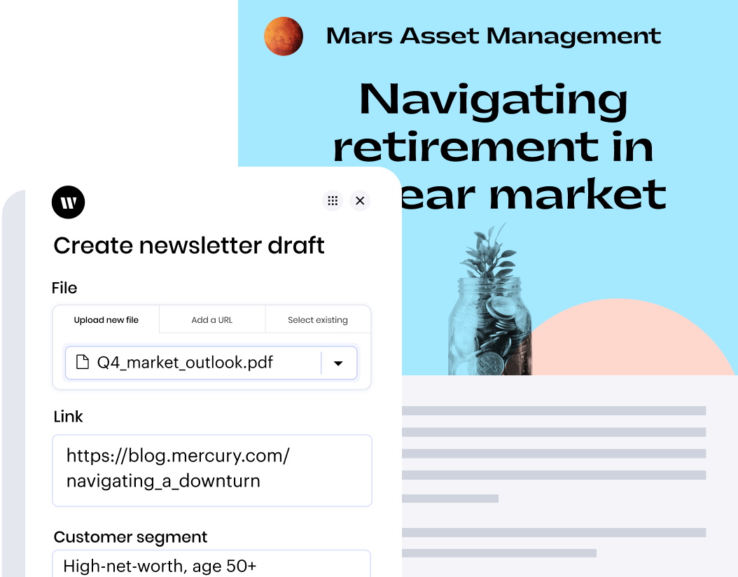 Mars Asset Management newsletter titled "Navigating retirement in a bear market" produced by a Writer app for creating newsletter drafts.