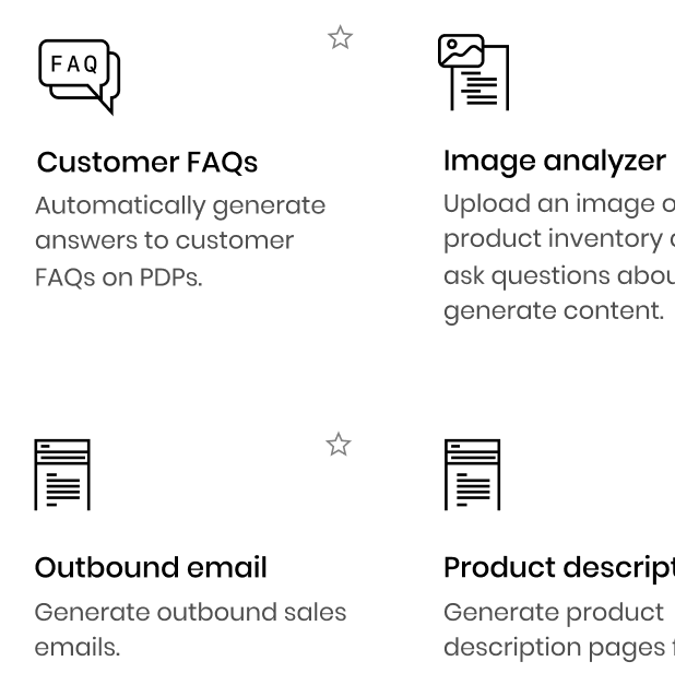 Example of AI apps: Customer FAQs, Image analyzer, outbound email, and product description pages