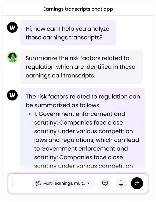 Writer: Hi, how can I help you analyze these earnings transcripts? User: Summarize the risk factors related to regulation which are identified in these earnings call transcripts. Writer: The risk factors related to regulation can be summarized as follows: 1. Government enforcement and scrutiny: Companies face close scrutiny under various competition laws and regulations, which can lead to Government enforcement and scrutiny: Companies face close scrutiny under various competition...