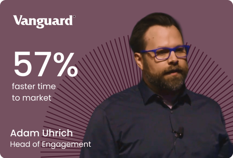 Professional man wearing glasses and a dark navy button-up shirt against a burgundy background with curved diagonal line patterns. The Vanguard logo appears in white at the top left. Large white text displays "57%" with "faster time to market" below it. At the bottom left, white text reads "Adam Uhrich" and "Head of Engagement".