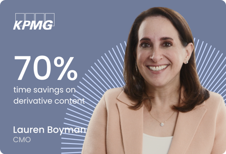Professional woman with long brown hair wearing a beige cardigan over a white top and delicate necklace, smiling at the camera. The background features the KPMG logo in white at the top left, diagonal white lines in a pattern, and displays "70%" in large white text with "time savings on derivative content" below it. At the bottom left, white text reads "Lauren Boyman" and "CMO".