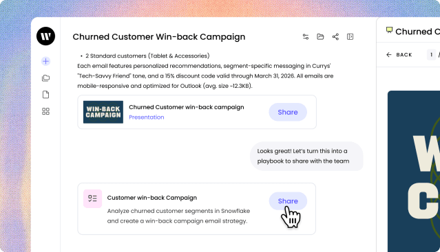 WRITER Agent interface showing the conclusion of a campaign workflow. The left panel displays the end of a summary text about personalized recommendations and discount codes. Below the text, there is a card for a "Churned Customer win-back campaign Presentation" with a "Share" button. A chat bubble appears below it saying, "Looks great! Let's turn this into a playbook to share with the team." At the bottom, there is another card for a "Customer win-back Campaign" playbook, describing its function to analyze segments in Snowflake and create an email strategy. A cursor shaped like a pointing hand is hovering over the "Share" button on this playbook card.