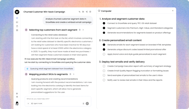 WRITER Agent interface displaying a workflow in progress. The left panel, titled "Churned Customer Win-back Campaign," shows a chat-like history of automated actions. It displays the initial prompt about analyzing Snowflake data, followed by completed steps with checkmarks: "Selecting top customers from each segment" and "Mapping product SKUs to segments," along with detailed text explaining the actions taken. The right panel, titled "Computer," displays a structured checklist with three main sections. Section 1, "Analyze and segment customer data," and Section 2, "Create personalized email content," have their sub-tasks marked as completed with black checkmarks. Section 3, "Deploy test emails and verify delivery," shows its sub-tasks as pending with empty circles.