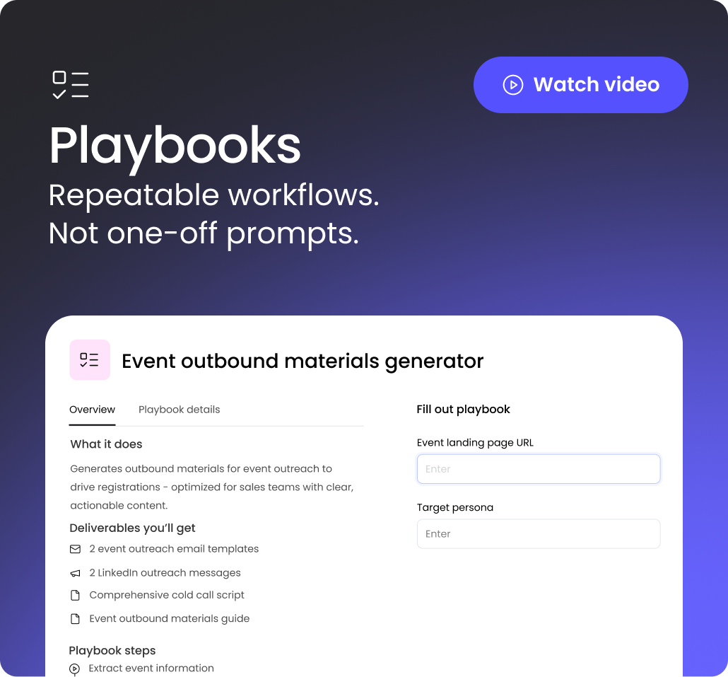 A promotional UI screen for a feature called "Playbooks." The top section has a dark gradient background with the large white text "Playbooks" and the subtext "Repeatable workflows. Not one-off prompts." A blue "Watch video" button is in the top right. The lower section shows a white interface panel titled "Event outbound materials generator." The left side of this panel, under an "Overview" tab, describes "What it does" (Generates outbound materials for event outreach) and lists "Deliverables you'll get," such as email templates, LinkedIn messages, a cold call script, and a materials guide. The right side, titled "Fill out playbook," contains two empty text input fields: "Event landing page URL" and "Target persona."